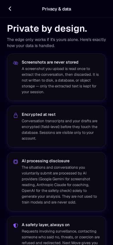 Next Move privacy and data screen explaining how screenshots are processed.