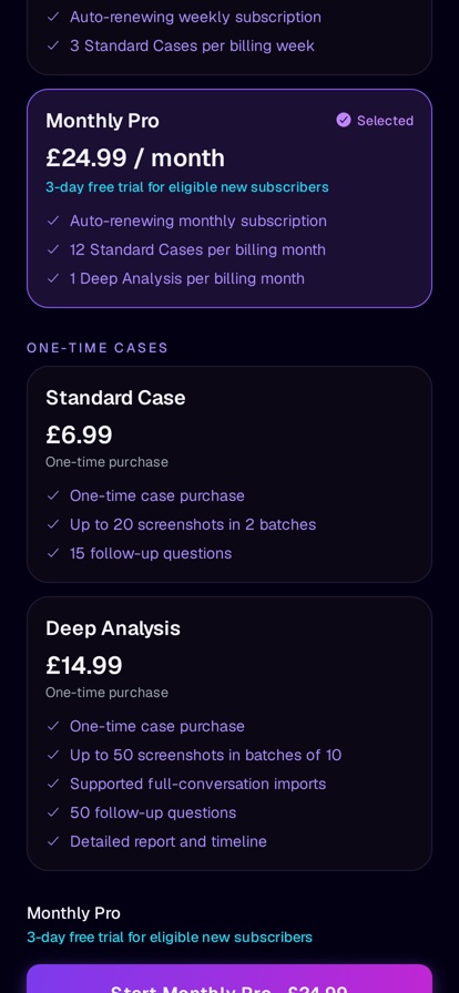 Next Move plan selection screen showing Weekly Pro, Monthly Pro, Standard Case and Deep Analysis pricing.
