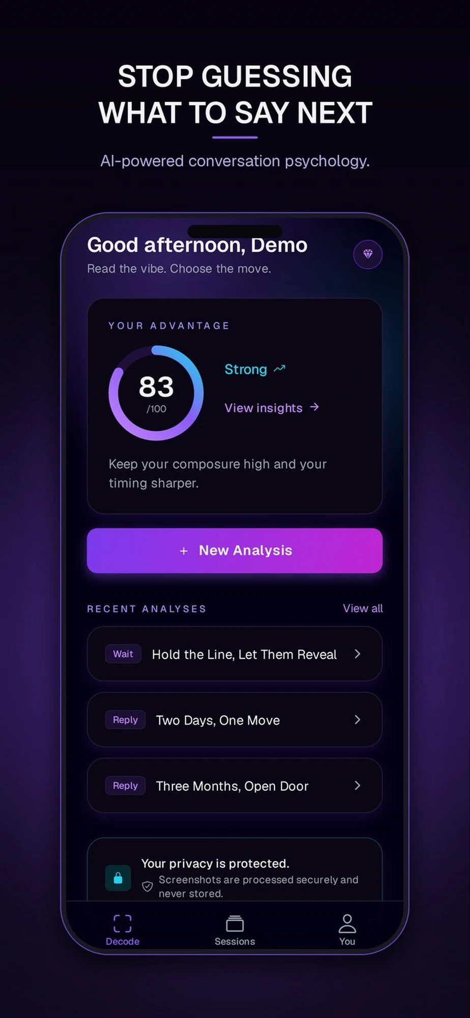 Next Move home screen showing an Advantage score of 83 out of 100 and a list of recent analyses.
