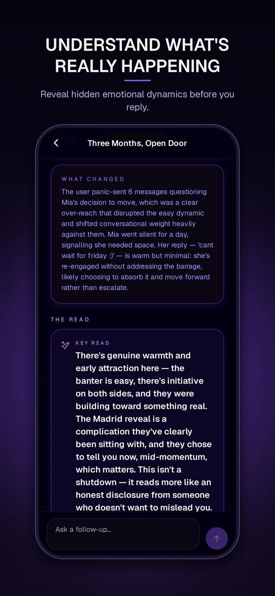 Next Move analysis detail screen showing 'What Changed' and 'The Read' sections.