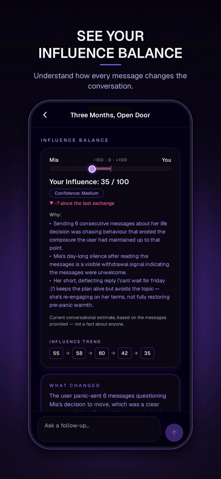 Next Move Influence Balance slider showing how the conversation has trended over time.